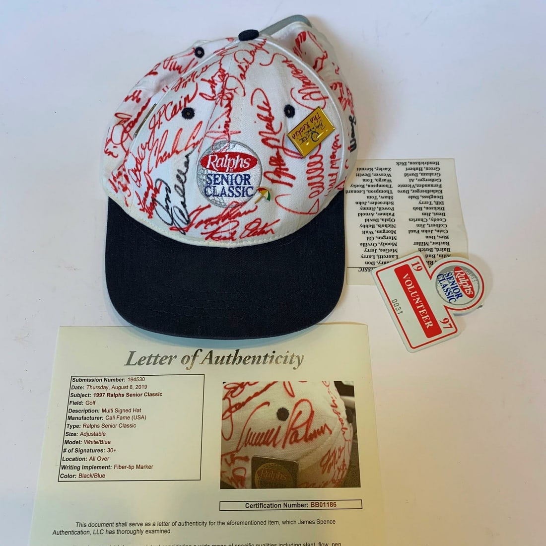 PGA 1997 Ralphs Senior Classic Signed Hat 35 Autos Arnold Palmer JSA COA: PGA 1997 Ralphs Senior Classic Signed Hat 35 Autos Arnold Palmer JSA COA This exceptional collectible is a signed hat from the 1997 Ralphs Senior Classic, featuring a remarkable 35 autographs, includi