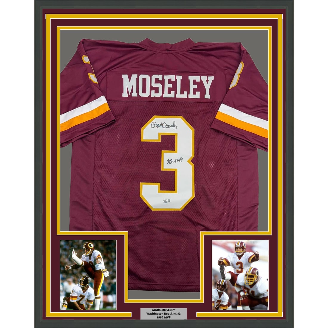 Framed Mark Moseley signed Washington 82 MVP jersey BAS COA: Framed Mark Moseley signed Washington 82 MVP jersey BAS COA This professionally framed and matted Mark Moseley Washington jersey features a clear autograph and includes two 5x7 photographs. Measuring 