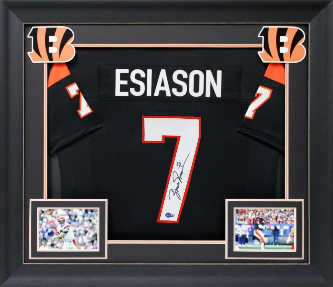 Boomer Esiason Signed Cincinnati Bengals Black Framed Jersey BAS Authenticated: Boomer Esiason Signed Cincinnati Bengals Black Framed Jersey BAS Authenticated This authentic black pro style framed jersey has been personally signed by Boomer Esiason, a prominent player of the Cinc