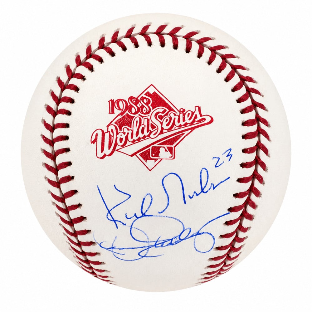 Rawlings 1988 World Series Baseball Dual Signed by Kirk Gibson Dennis Eckersley: Rawlings 1988 World Series Baseball Dual Signed by Kirk Gibson Dennis Eckersley Dual-signed Rawlings 1988 World Series baseball featuring signatures from Kirk Gibson and Dennis Eckersley. This origina