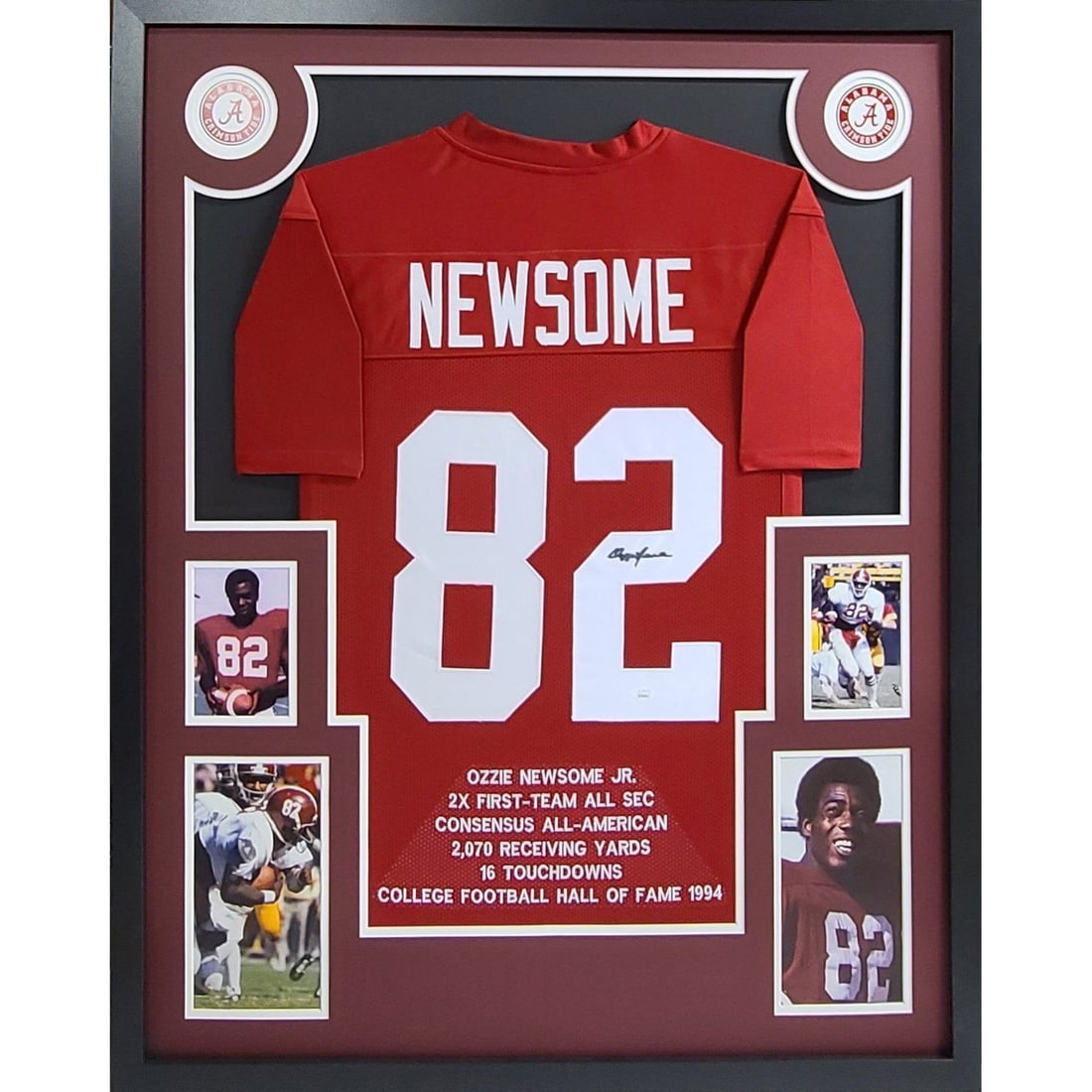 Framed Alabama Jersey Signed by Ozzie Newsome with JSA Authentication: Framed Alabama Jersey Signed by Ozzie Newsome with JSA Authentication This is a framed Alabama jersey autographed by Ozzie Newsome. The jersey is authenticated by JSA and includes a tamper-proof stick