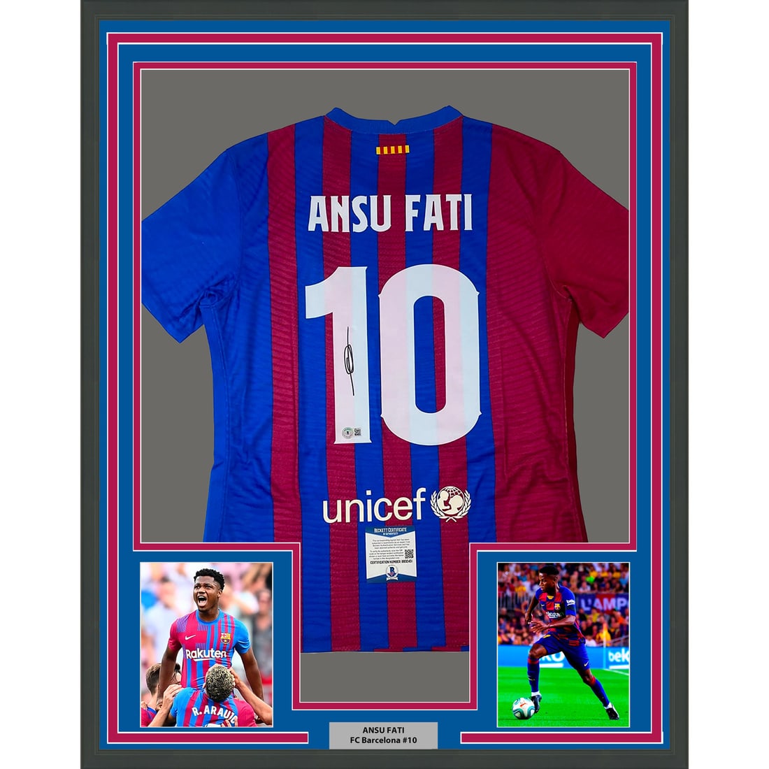 Ansu Fati signed FC Barcelona jersey framed 33x42 BAS COA: Ansu Fati signed FC Barcelona jersey framed 33x42 BAS COA This framed display features an FC Barcelona blue jersey autographed by Ansu Fati. The jersey is professionally framed and matted, accompanied