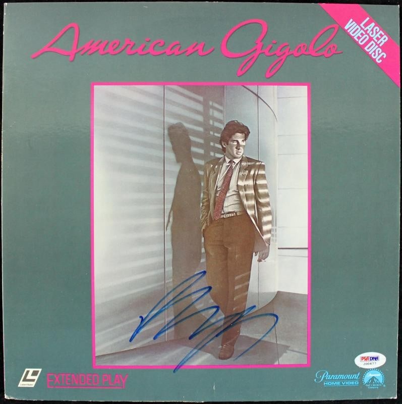 PSA DNA Certified Richard Gere Signed American Gigolo Laserdisc Cover: PSA DNA Certified Richard Gere Signed American Gigolo Laserdisc Cover Authentic signed laserdisc cover for American Gigolo, autographed by Richard Gere. This pre-owned collectible includes PSA/DNA aut