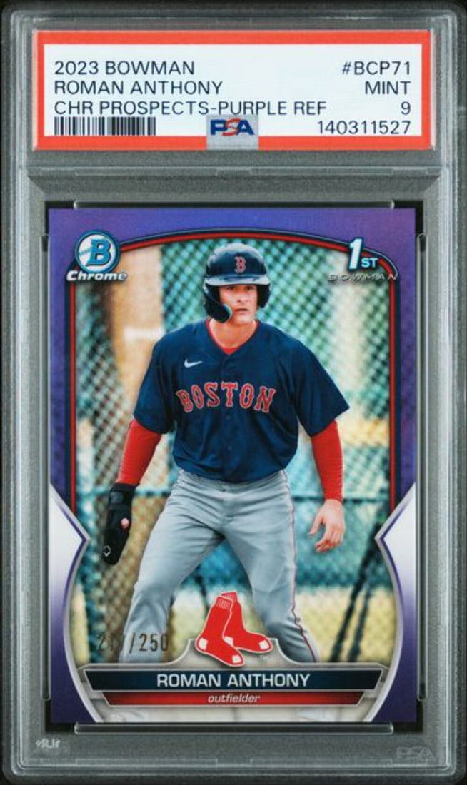PSA 9 2023 Bowman Chrome Purple Refractor Roman Anthony Rookie /250: PSA 9 2023 Bowman Chrome Purple Refractor Roman Anthony Rookie /250 This is an original 2023 Bowman Chrome Purple Refractor rookie card of Roman Anthony, numbered #BCP71 and limited to 250 copies. The