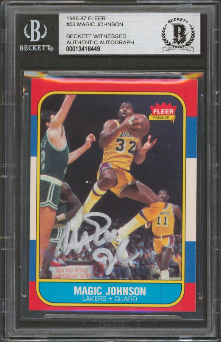 Magic Johnson Signed 1986 Fleer Card #53 Beckett Authenticated Slab: Magic Johnson Signed 1986 Fleer Card #53 Beckett Authenticated Slab This 1986 Fleer #53 basketball card features a genuine autograph from Magic Johnson of the Los Angeles Lakers. The card has been sla