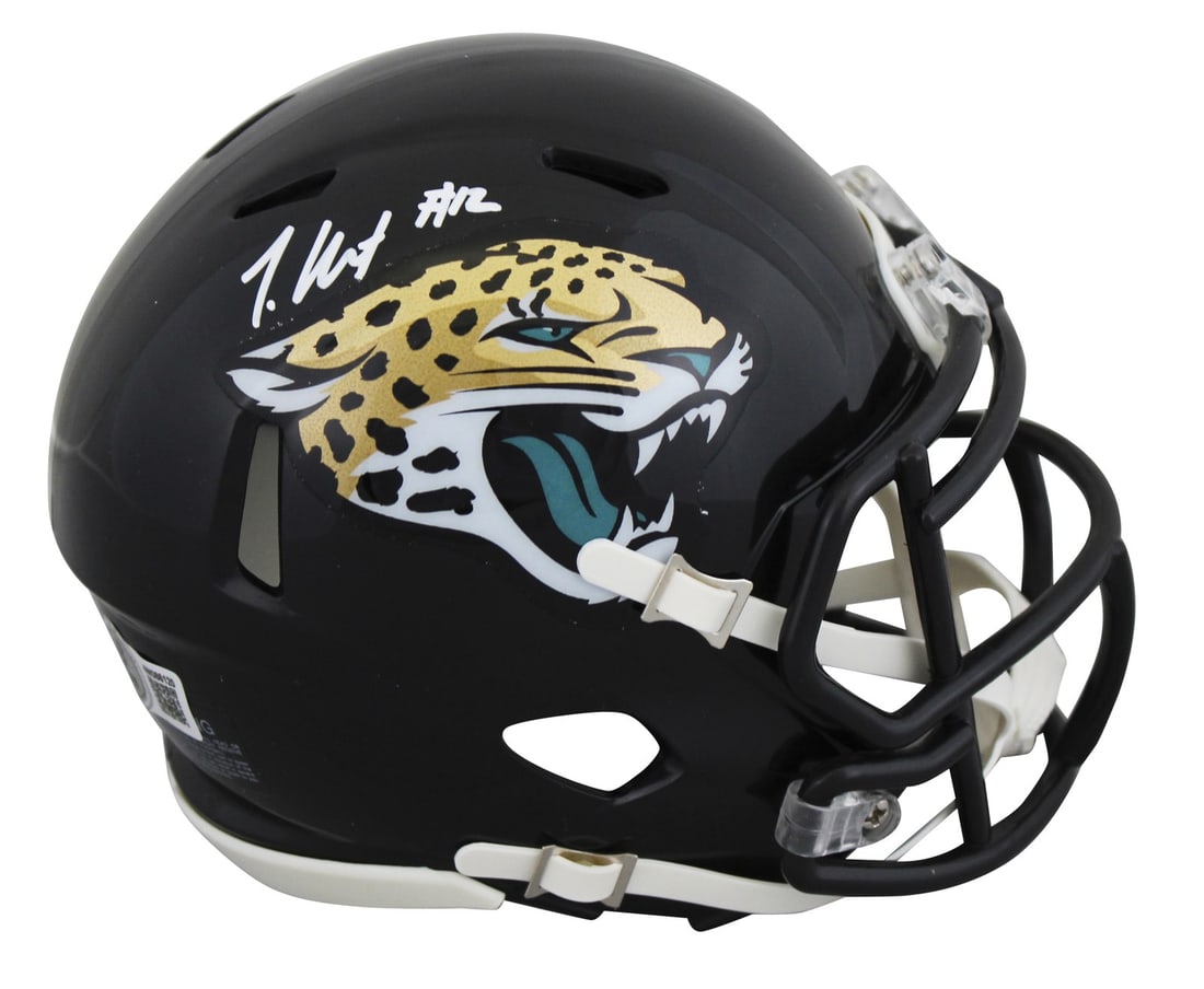 Jacksonville Jaguars Speed Mini Helmet Signed by Travis Hunter BAS Witnessed (1 of 2)