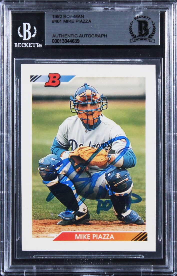 Mike Piazza 1992 Bowman Rookie Card NL ROY 93 BAS Slabbed Dodgers: Mike Piazza 1992 Bowman Rookie Card NL ROY 93 BAS Slabbed Dodgers This is an original 1992 Bowman #461 rookie card, personally signed by Mike Piazza of the Los Angeles Dodgers with the inscription "NL
