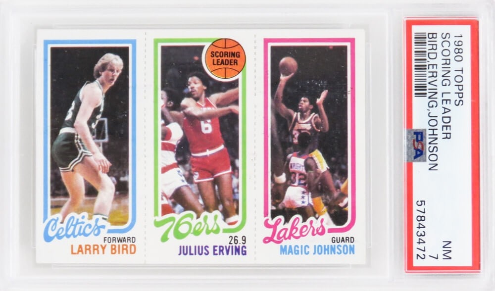 1980 Topps Larry Bird Magic Johnson Julius Erving Card PSA 7: 1980 Topps Larry Bird Magic Johnson Julius Erving Card PSA 7 This 1980 Topps Scoring Leader Card features basketball legends Larry Bird, Magic Johnson, and Julius Erving. Graded Near Mint 7 by PSA, th