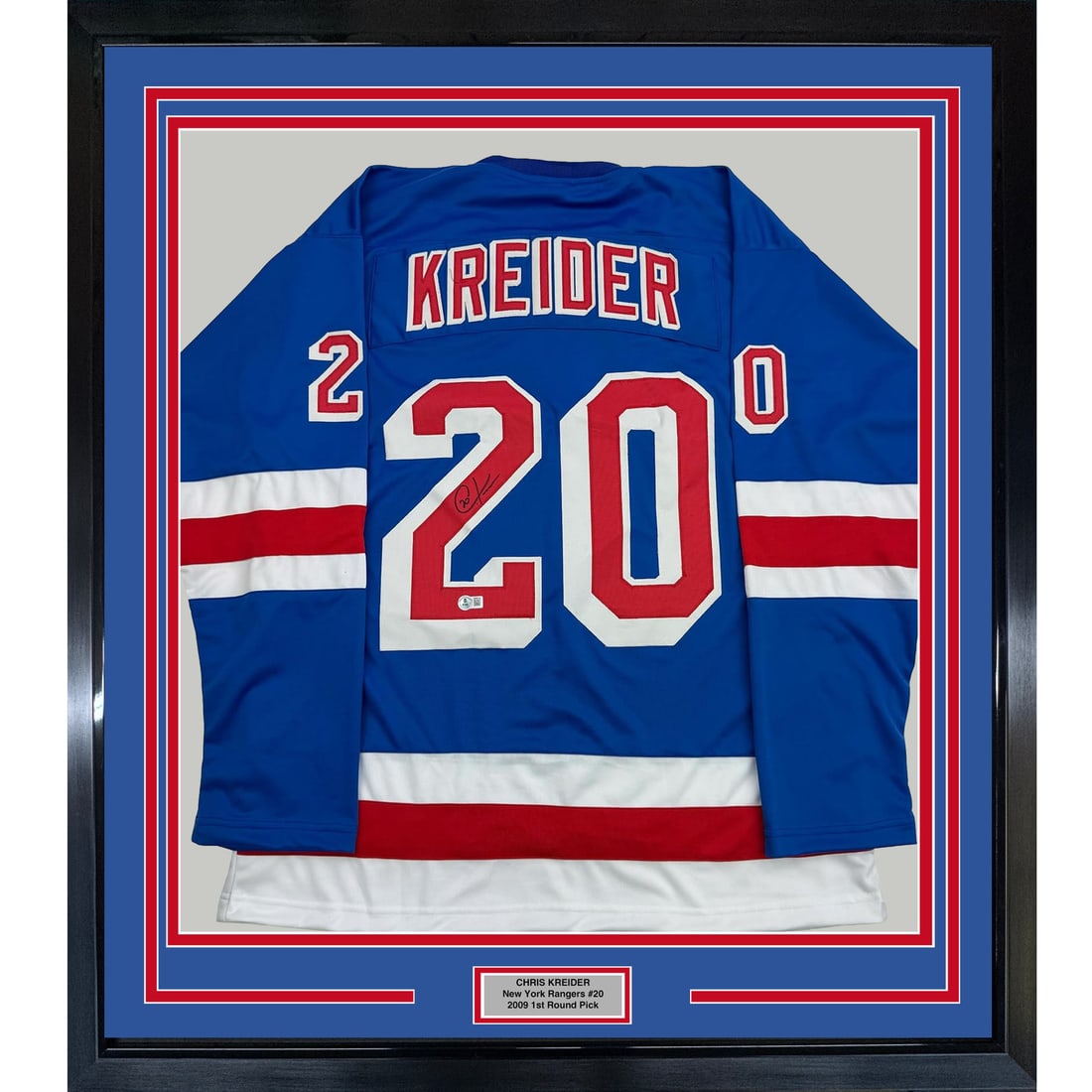 Framed Chris Kreider Signed Jersey 35x39 New York Rangers Beckett COA: Framed Chris Kreider Signed Jersey 35x39 New York Rangers Beckett COA Celebrate your passion for hockey with this professionally framed and autographed Chris Kreider New York Rangers jersey. Measuring