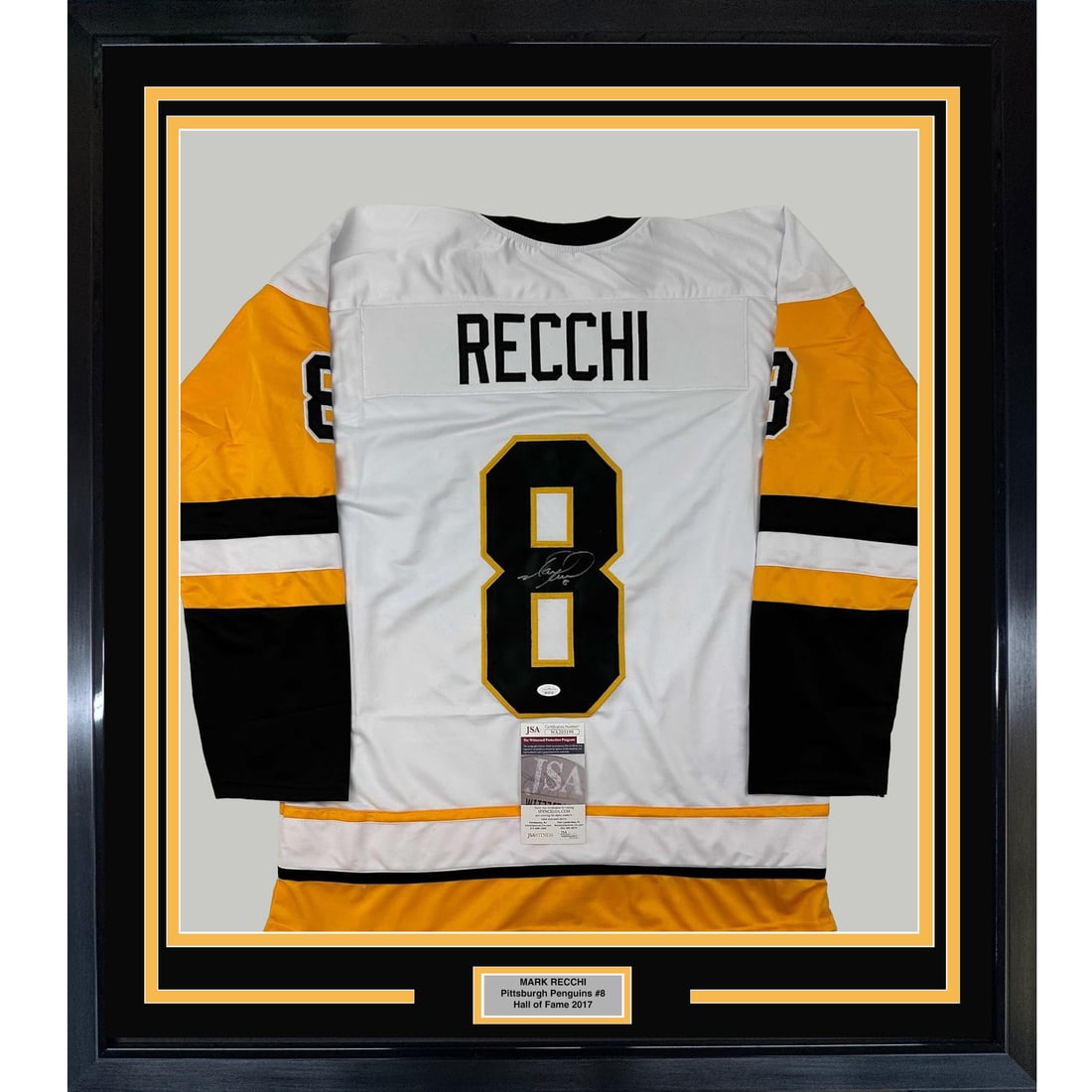 Framed Signed Mark Recchi Pittsburgh Penguins Jersey with JSA COA: Framed Signed Mark Recchi Pittsburgh Penguins Jersey with JSA COA Celebrate the legacy of Mark Recchi with this framed and autographed Pittsburgh Penguins white jersey. This authentic piece features t