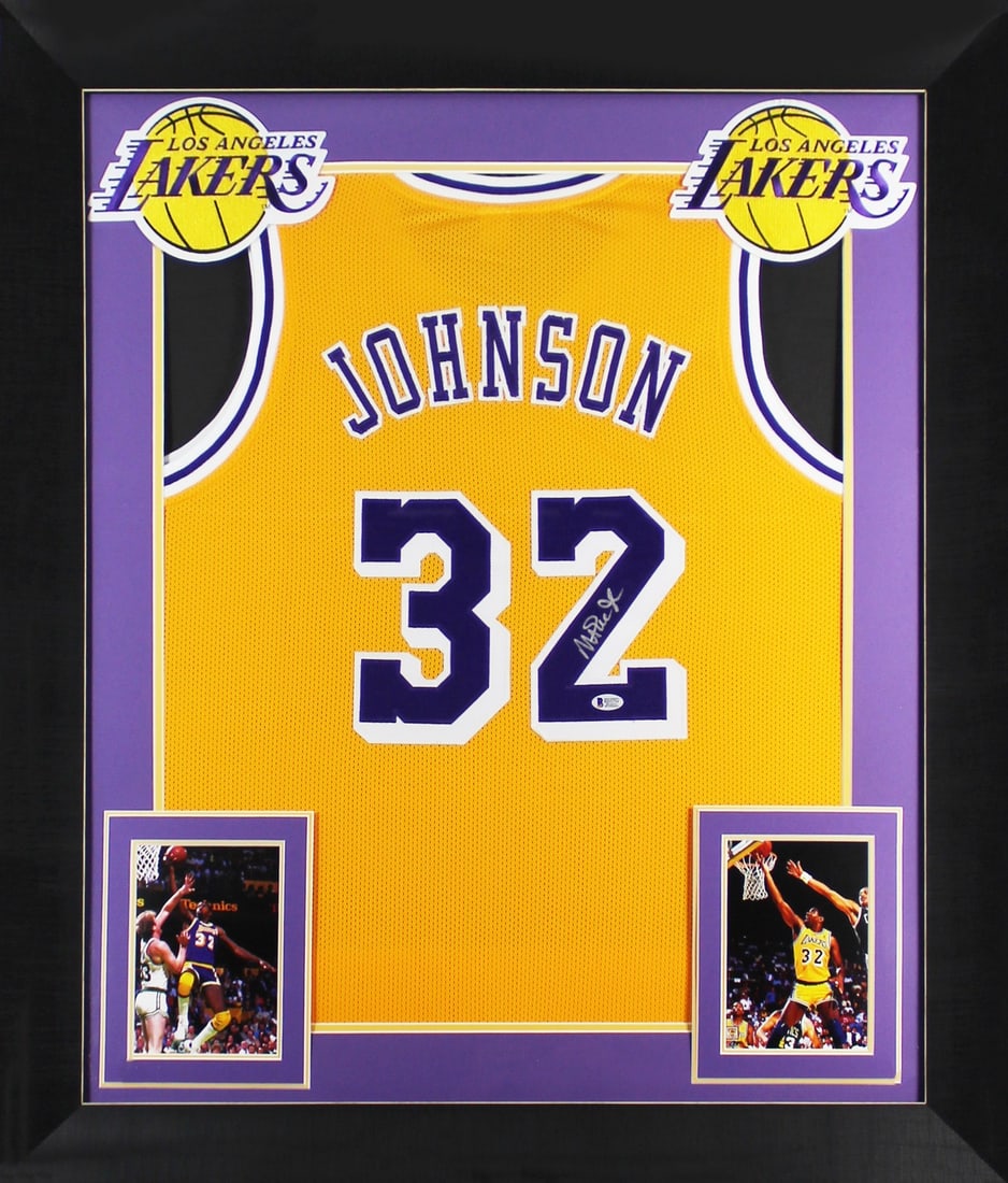 Magic Johnson Signed Framed Yellow Jersey BAS Witnessed 32x37: Magic Johnson Signed Framed Yellow Jersey BAS Witnessed 32x37 This authentic, signed, and framed yellow jersey showcases the legendary Magic Johnson, a prominent player of the Los Angeles Lakers. The 
