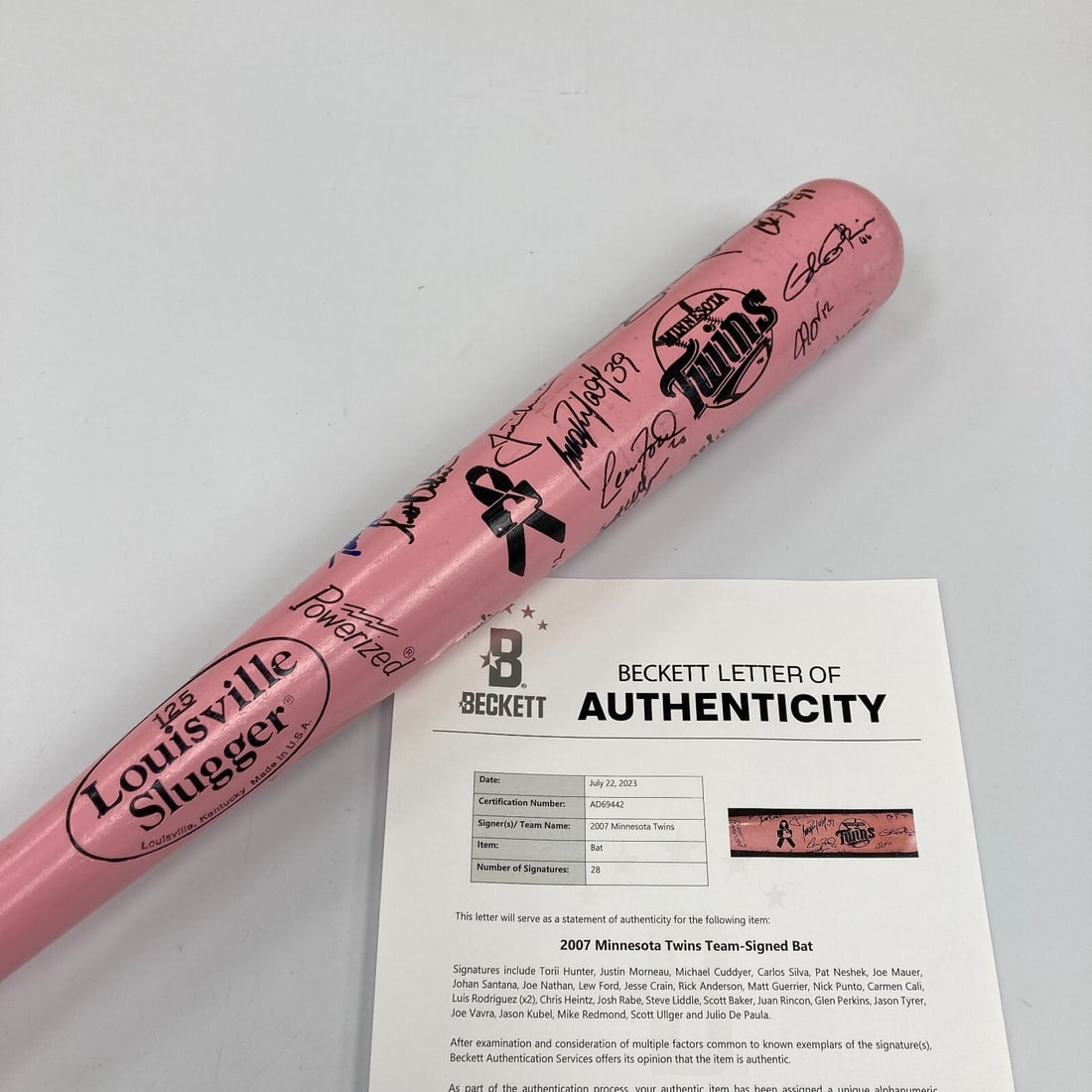 2007 Minnesota Twins Team Signed Mother's Day Bat Joe Mauer Beckett COA: 2007 Minnesota Twins Team Signed Mother's Day Bat Joe Mauer Beckett COA Celebrate the legacy of the 2007 Minnesota Twins with this team-signed Mother's Day baseball bat featuring 28 signatures, includ