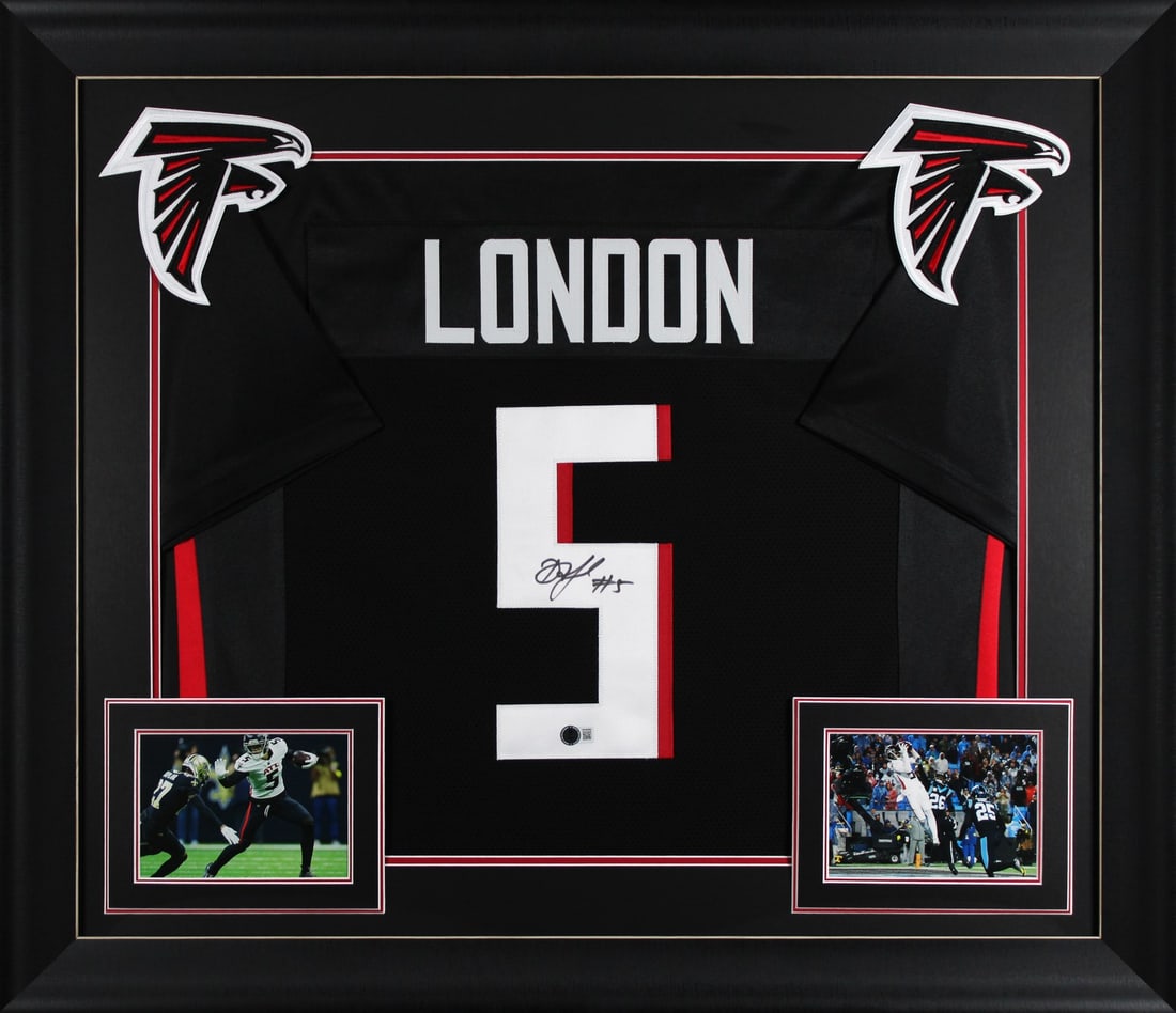 Framed Atlanta Falcons Black Jersey Signed by Drake London Beckett Witnessed: Framed Atlanta Falcons Black Jersey Signed by Drake London Beckett Witnessed This professionally framed black pro style jersey has been personally signed by Drake London of the Atlanta Falcons. The au