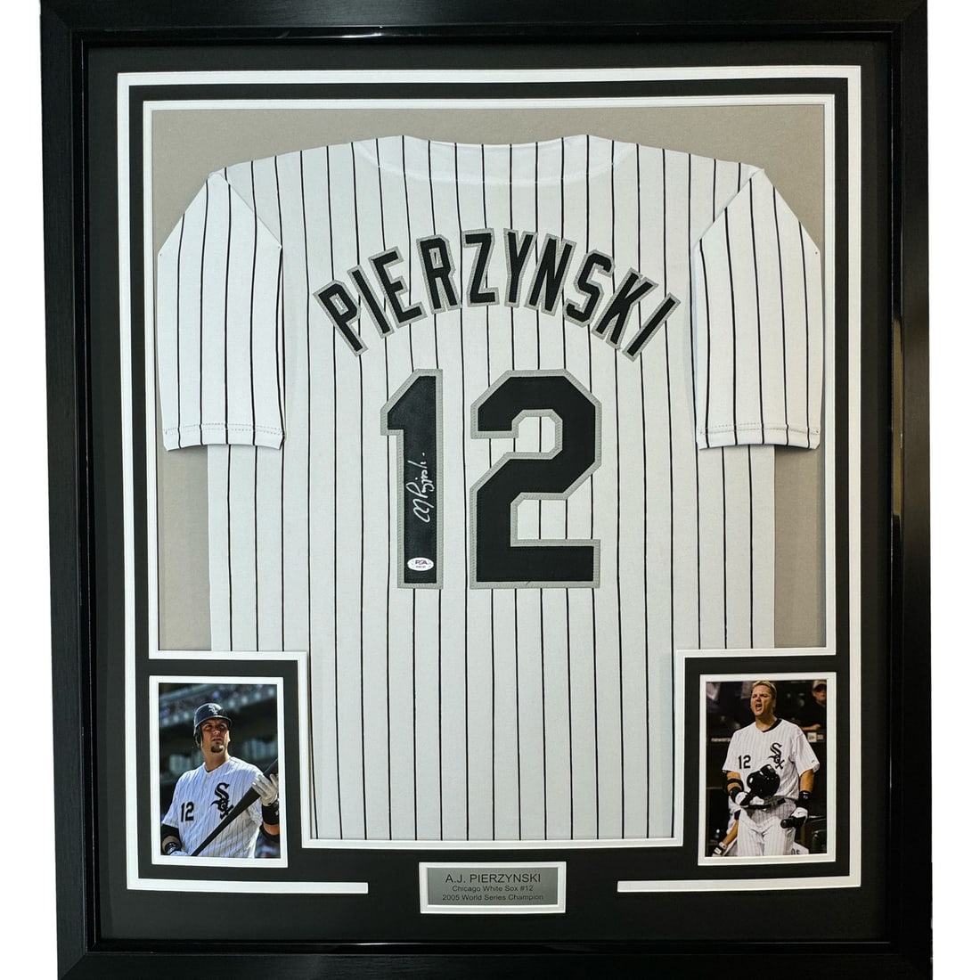 Framed Autographed A.J. Pierzynski Pinstripe Jersey PSA COA 33x42: Framed Autographed A.J. Pierzynski Pinstripe Jersey PSA COA 33x42 Celebrate your love for baseball with this professionally framed autographed jersey of A.J. Pierzynski, a standout player for the Chic