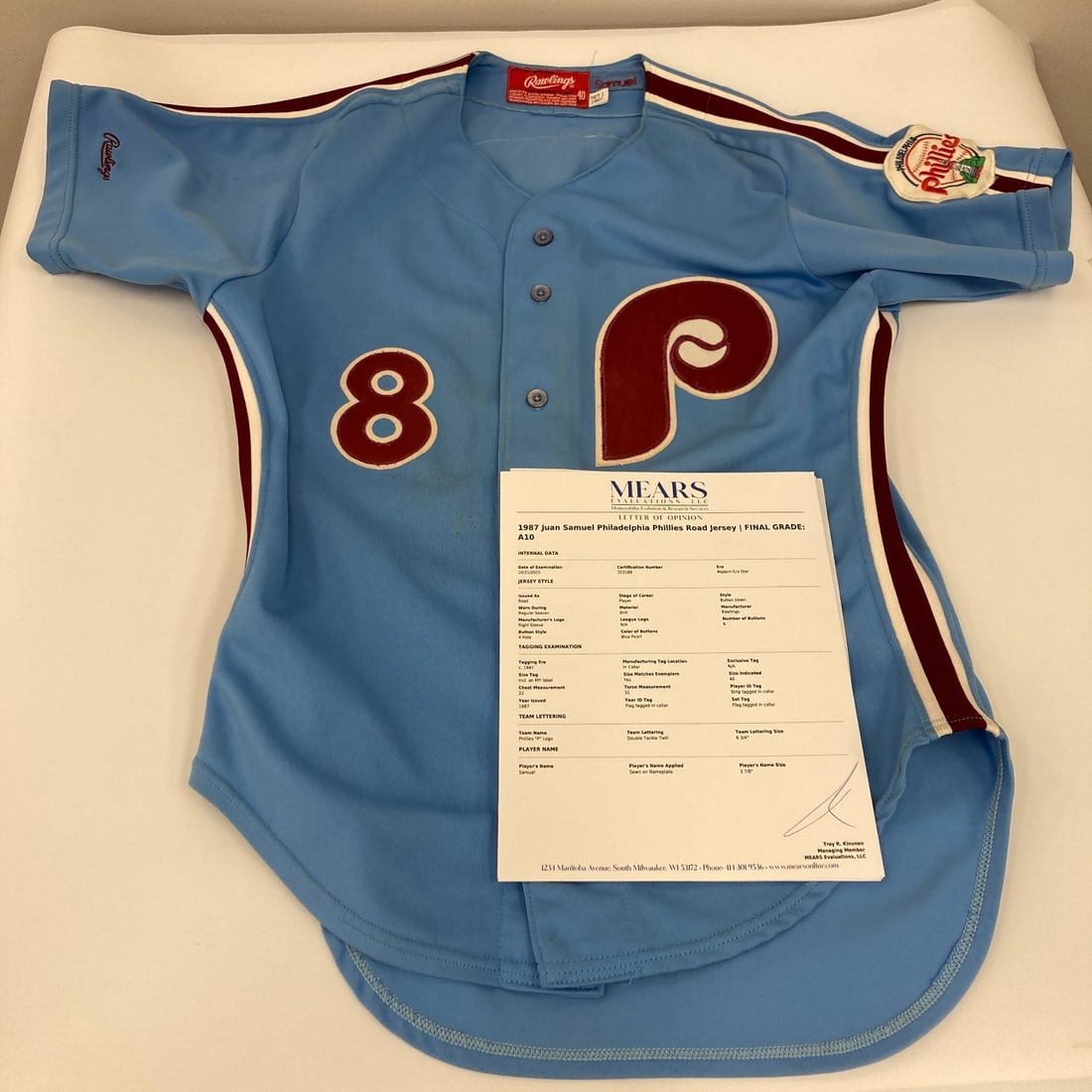 Juan Samuel 1987 Game Used Phillies Jersey MEARS A10 COA Provenance: Juan Samuel 1987 Game Used Phillies Jersey MEARS A10 COA Provenance This is an official 1987 game-used jersey worn by Juan Samuel of the Philadelphia Phillies, certified by MEARS with an A10 grade, in