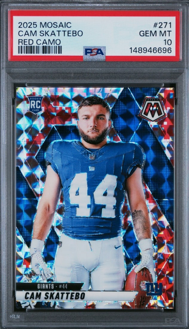 PSA 10 Cam Skattebo 2025 Red Camo Mosaic Rookie Card #271: PSA 10 Cam Skattebo 2025 Red Camo Mosaic Rookie Card #271 This is a 2025 Panini Mosaic Cam Skattebo #271 Red Camo Rookie RC card, professionally graded PSA 10 Mint. The card features Cam Skattebo of