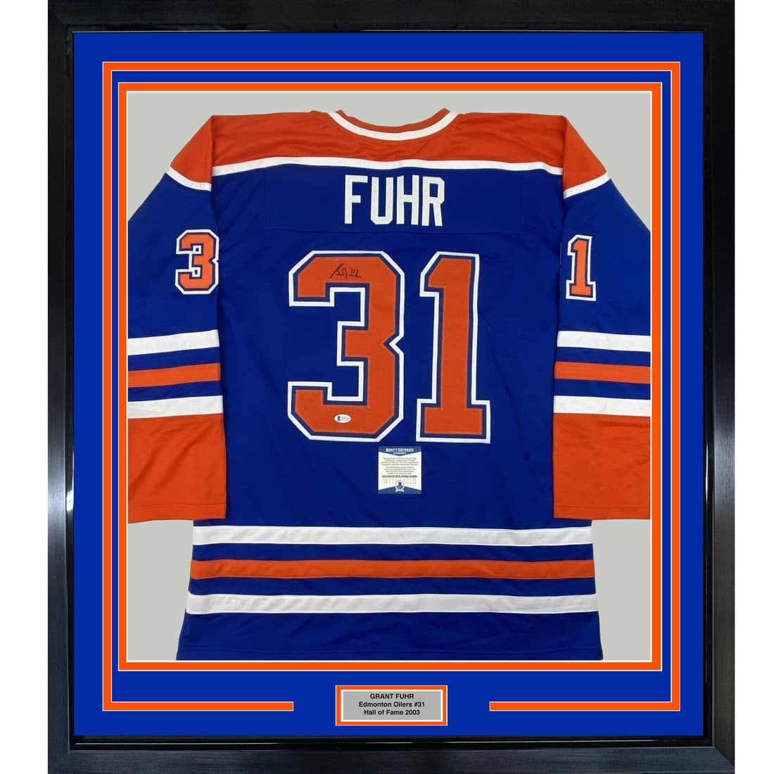 Framed Autographed Grant Fuhr Edmonton Oilers Jersey Beckett BAS COA 33x42 (1 of 2)