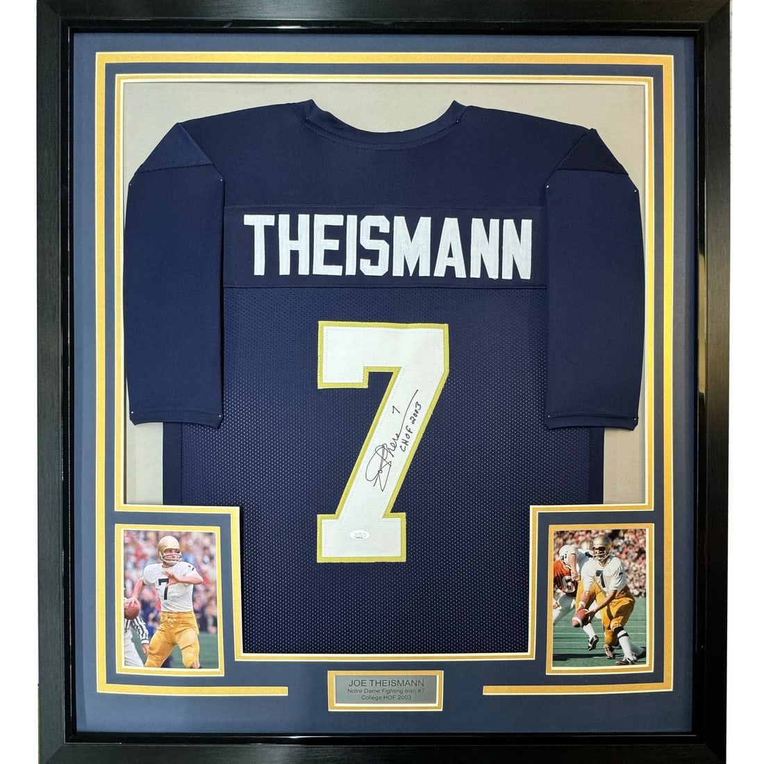 Framed Joe Theismann Notre Dame jersey 33x42 JSA COA: Framed Joe Theismann Notre Dame jersey 33x42 JSA COA This framed Notre Dame College jersey is autographed by Joe Theismann and comes with authentication from James Spence Authentication (JSA). The jer