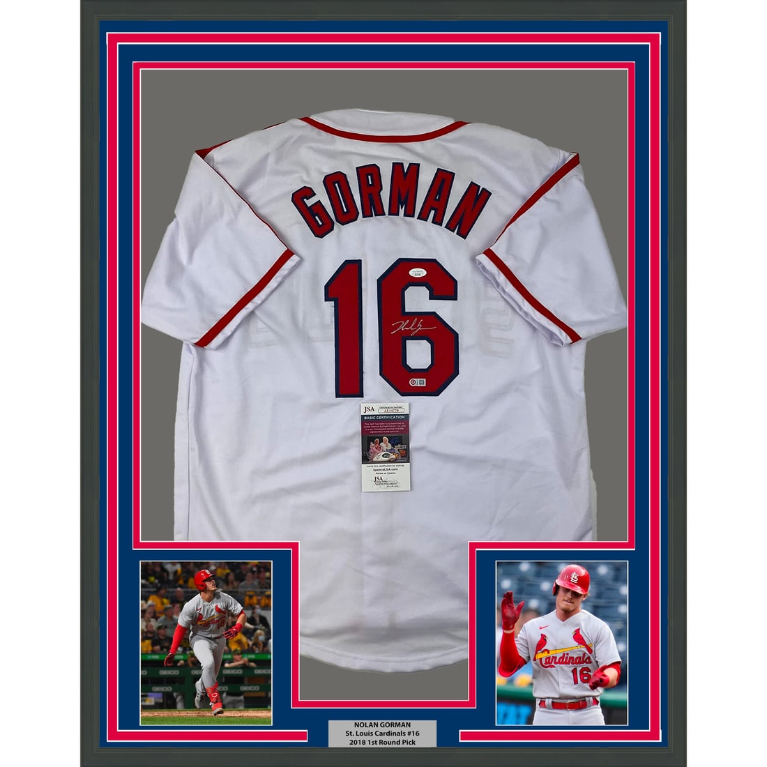 Framed Nolan Gorman Autographed Jersey St. Louis Cardinals JSA COA 33x42: Framed Nolan Gorman Autographed Jersey St. Louis Cardinals JSA COA 33x42 Celebrate your love for baseball with this stunning framed autographed jersey of Nolan Gorman, featuring the St. Louis Cardinal