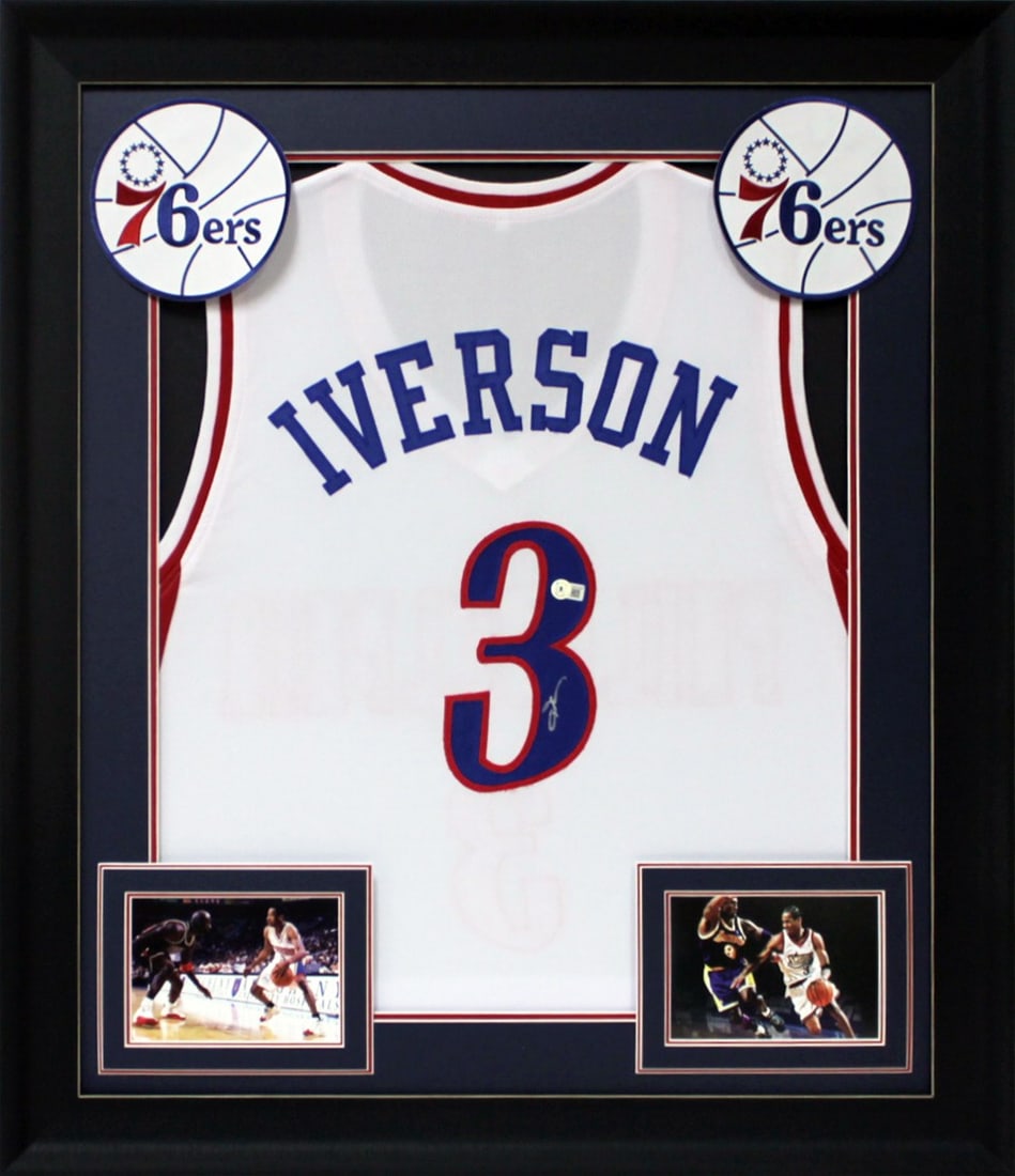 Allen Iverson Signed Framed Jersey Philadelphia 76ers Beckett Authenticated: Allen Iverson Signed Framed Jersey Philadelphia 76ers Beckett Authenticated Celebrate your fandom with this authentic, signed white pro style framed jersey of Allen Iverson from the Philadelphia 76ers
