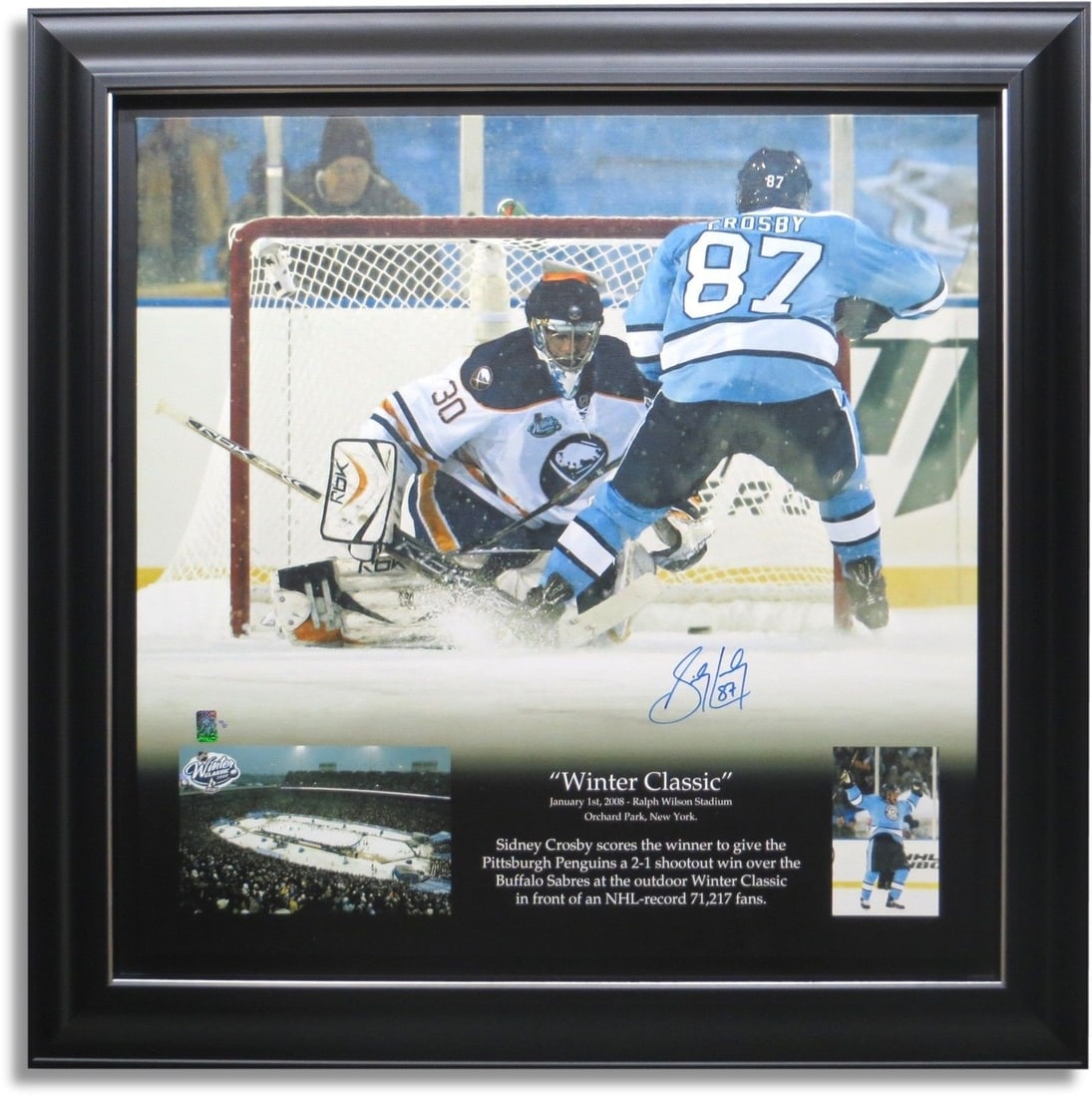 Sidney Crosby Signed Framed Canvas 40X48 Winter Classic Limited Edition random out of #/87: Sidney Crosby Signed Framed Canvas 40X48 Winter Classic Limited Edition random out of #/87 Celebrate the unforgettable moments of hockey history with this stunning framed canvas featuring Pittsburgh P