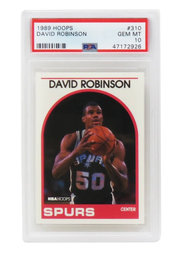 David Robinson 1989 Hoops RC #310 PSA 10 Gem Mint Spurs Card: David Robinson 1989 Hoops RC #310 PSA 10 Gem Mint Spurs Card This listing features a David Robinson rookie card from the 1989 Hoops basketball set, graded Gem Mint 10 by Professional Sports Authentica