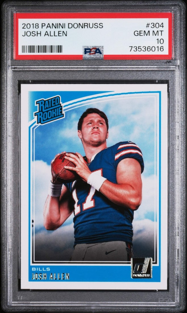 PSA 10 Josh Allen 2018 Donruss Rookie Card #304: PSA 10 Josh Allen 2018 Donruss Rookie Card #304 This is an original 2018 Panini Donruss Josh Allen #304 Rookie RC football card, professionally graded and encapsulated by Professional Sports Authentic