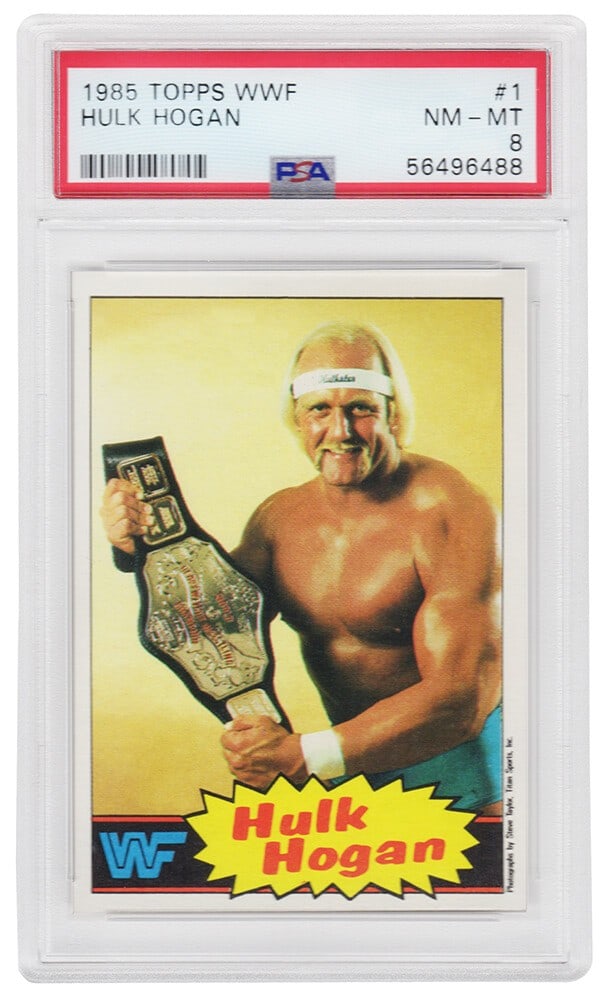 Hulk Hogan 1985 Topps WWF Rookie Card #1 PSA 8 Yellow Background: Hulk Hogan 1985 Topps WWF Rookie Card #1 PSA 8 Yellow Background This is a collectible Hulk Hogan 1985 Topps WWF Pro Wrestling Stars rookie card #1, featuring a striking yellow background. Graded NM-M