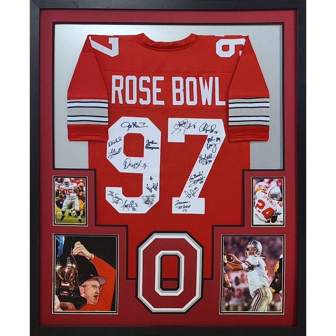 Ohio State 1997 Rose Bowl Signed Framed Jersey with OSG COA: Ohio State 1997 Rose Bowl Signed Framed Jersey with OSG COA Celebrate Ohio State's triumph with this autographed framed jersey from the 1997 Rose Bowl. Authenticated by Ohio Sports Group, this unique 