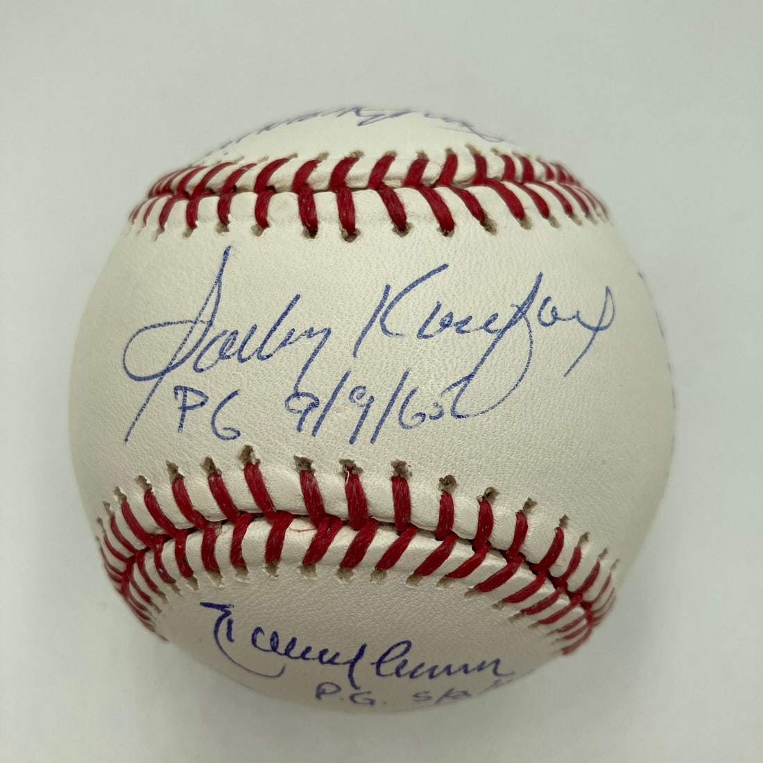 Perfect Game Pitchers Multi-Signed Baseball With Inscriptions JSA Authenticated: Perfect Game Pitchers Multi-Signed Baseball With Inscriptions JSA Authenticated This is an original Rawlings Major League baseball, signed by nine pitchers who have achieved a perfect game in Major Le