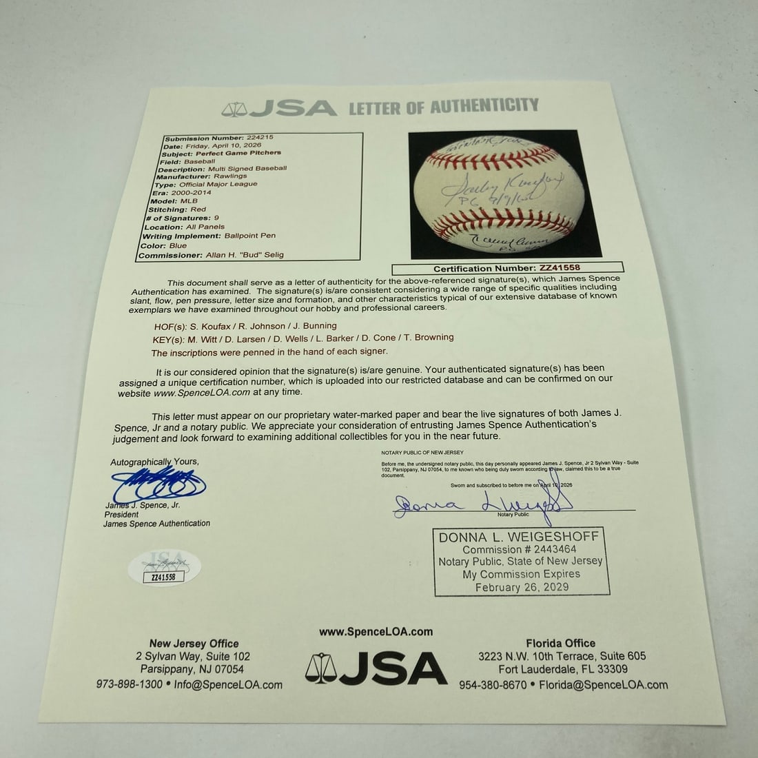 Perfect Game Pitchers Multi-Signed Baseball With Inscriptions JSA Authenticated - 8
