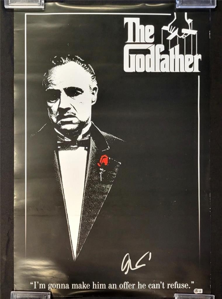 Al Pacino Autographed Godfather Movie Poster 24x36 Beckett Authenticated: Al Pacino Autographed Godfather Movie Poster 24x36 Beckett Authenticated This original 24x36 movie poster features the iconic film 'The Godfather' and is signed by legendary actor Al Pacino. The autog