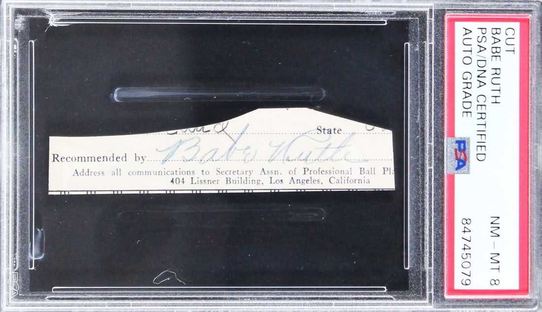 Babe Ruth Signed Cut Signature NM-MT 8 PSA/DNA New York Yankees: Babe Ruth Signed Cut Signature NM-MT 8 PSA/DNA New York Yankees This is an authentic cut signature of Babe Ruth, measuring 0.65x3.25 inches, graded NM-MT 8 by PSA/DNA. The signature is from Ruth's
