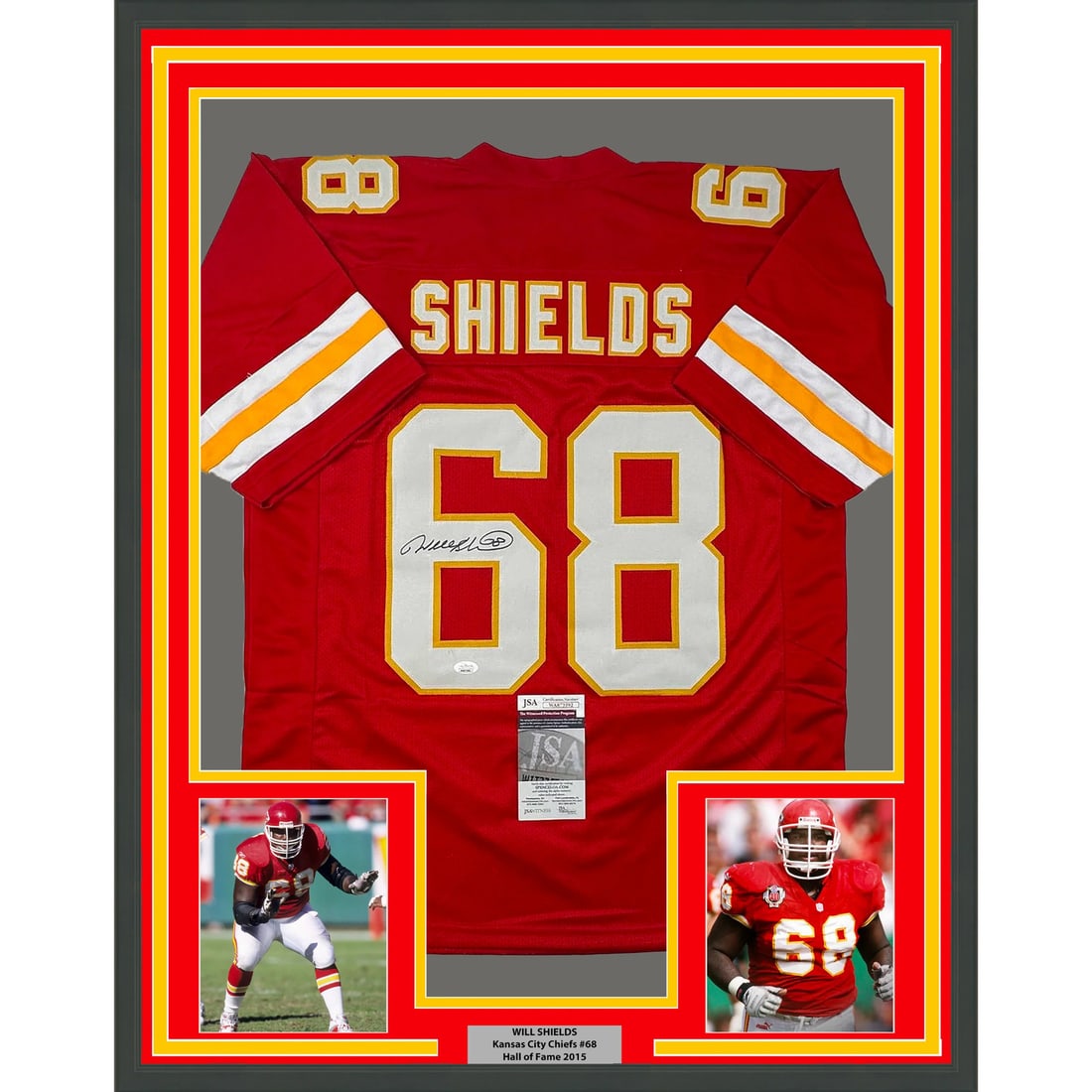Will Shields Signed Framed Kansas City Chiefs Jersey JSA Certified: Will Shields Signed Framed Kansas City Chiefs Jersey JSA Certified Professionally framed autographed Will Shields Kansas City red jersey display. The piece is matted with two 5x7 photos and is present