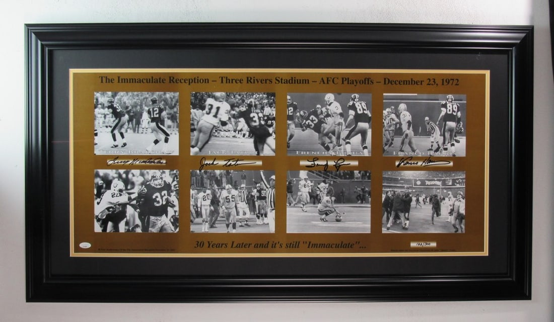 Framed Multi-Signed Franco Harris Photo The Immaculate Reception Steelers JSA: Framed Multi-Signed Franco Harris Photo The Immaculate Reception Steelers JSA Celebrate a legendary moment in football history with this multi-autographed photo collage featuring "The Immaculate Recep