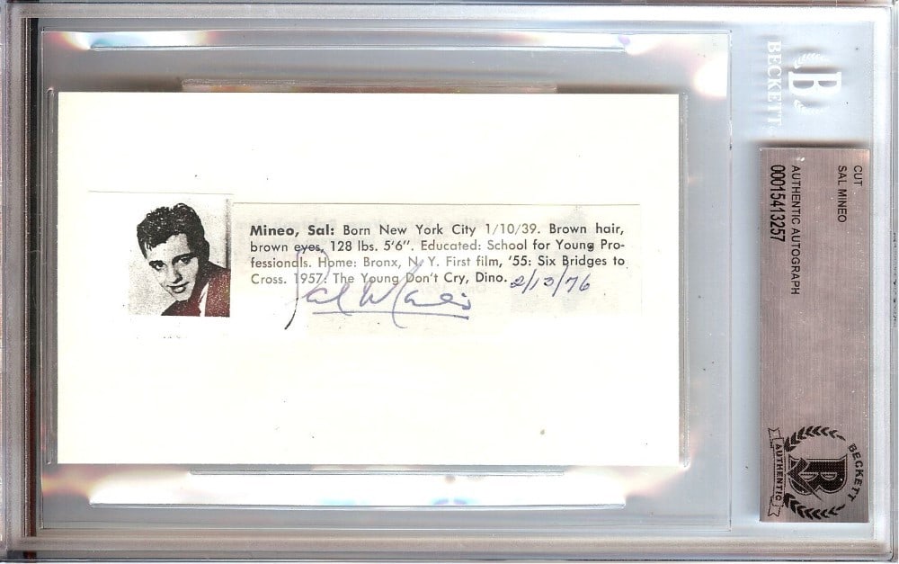 Beckett Authenticated Sal Mineo Signed Cut From Rebel Without a Cause: Beckett Authenticated Sal Mineo Signed Cut From Rebel Without a Cause This is an original cut signature autographed by Sal Mineo, known for his role in "Rebel Without a Cause." The signature has been 