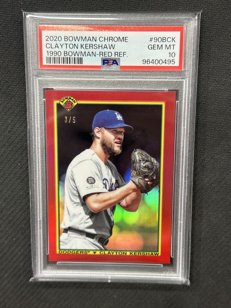 Clayton Kershaw 2020 Bowman Chrome Red Refractor PSA 10 Dodgers #90BCK: Clayton Kershaw 2020 Bowman Chrome Red Refractor PSA 10 Dodgers #90BCK Celebrate the iconic career of Clayton Kershaw with this 2020 Bowman Chrome 1990 Red Refractor Baseball Card. This card, featurin