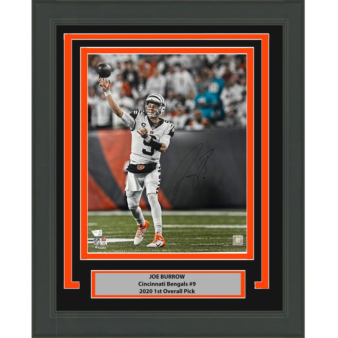 Framed Joe Burrow Autographed 16x20 Bengals Photo with Fanatics COA: Framed Joe Burrow Autographed 16x20 Bengals Photo with Fanatics COA This stunning framed autographed photo showcases Joe Burrow, the celebrated quarterback of the Cincinnati Bengals. Measuring 16x20 i