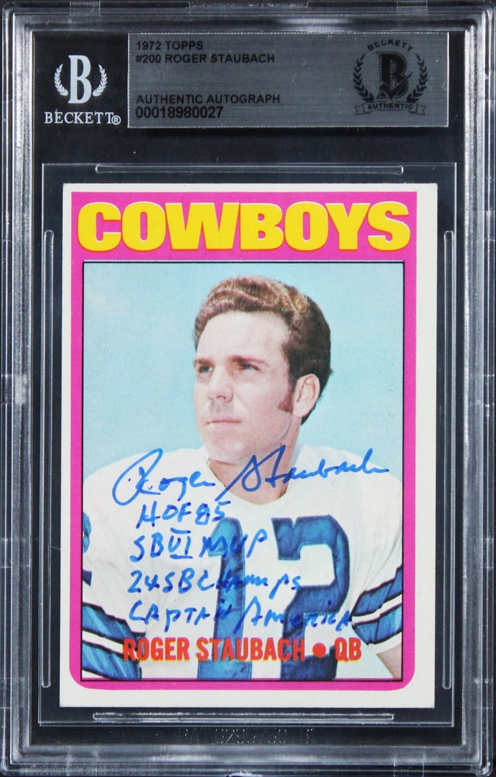 Roger Staubach Signed 1972 Topps Rookie Card BAS Authenticated HOF Inscription: Roger Staubach Signed 1972 Topps Rookie Card BAS Authenticated HOF Inscription This autographed 1972 Topps #200 rookie card features the legendary Roger Staubach, showcasing his impressive achievement