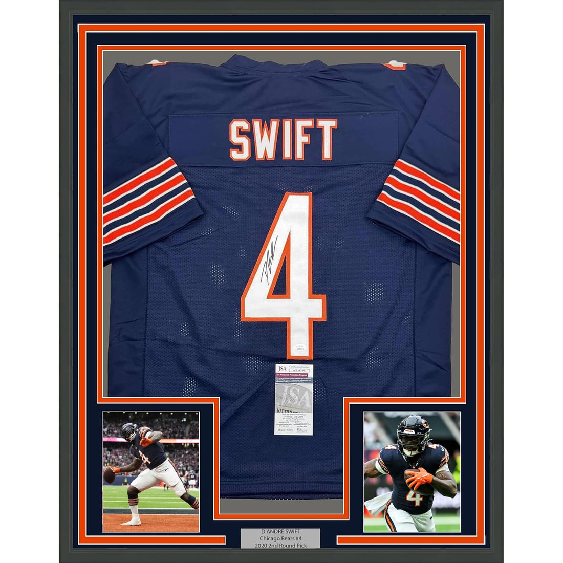 D'Andre Swift Signed Chicago Bears Blue Jersey Framed JSA COA 35x39: D'Andre Swift Signed Chicago Bears Blue Jersey Framed JSA COA 35x39 This professionally framed and matted display features a D'Andre Swift autographed Chicago Bears blue jersey. The piece includes two