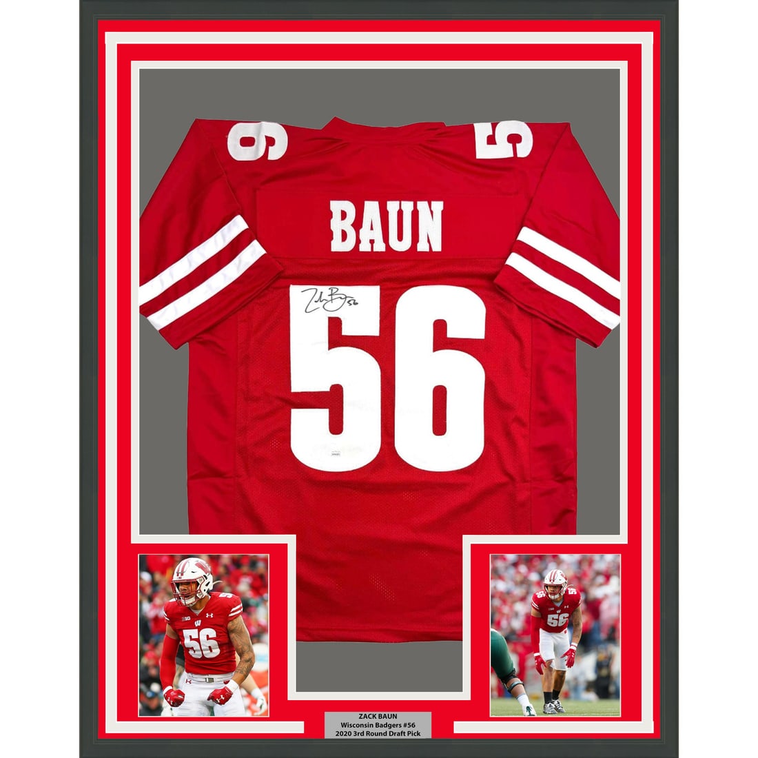 Zack Baun Signed Wisconsin Badgers Jersey Framed With JSA Authentication 35x39: Zack Baun Signed Wisconsin Badgers Jersey Framed With JSA Authentication 35x39 This professionally framed Wisconsin Badgers red college jersey is autographed by Zack Baun. The jersey is authenticated 