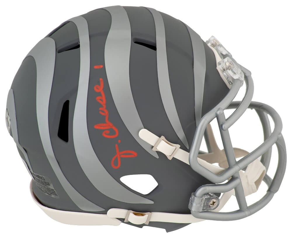 Ja'Marr Chase Signed Bengals Mini Helmet with Beckett COA: Ja'Marr Chase Signed Bengals Mini Helmet with Beckett COA Own a piece of NFL memorabilia with this Ja'Marr Chase signed Cincinnati Bengals Slate Riddell Speed Mini Helmet. This authentic item showcase
