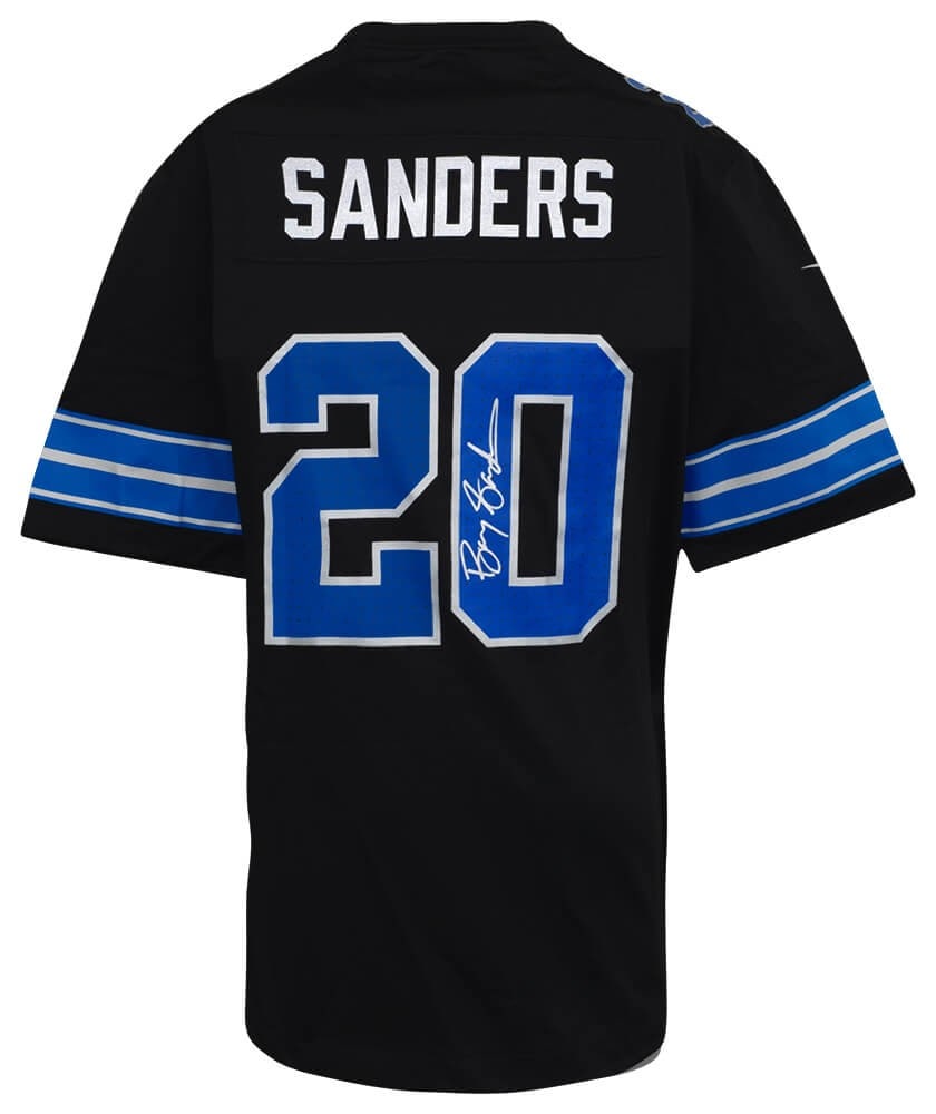 Detroit Lions Nike Black Alternate Jersey Signed by Barry Sanders with COA: Detroit Lions Nike Black Alternate Jersey Signed by Barry Sanders with COA This is a pre-owned Detroit Lions Nike black alternate football jersey signed by Barry Sanders. The autograph is authenticate