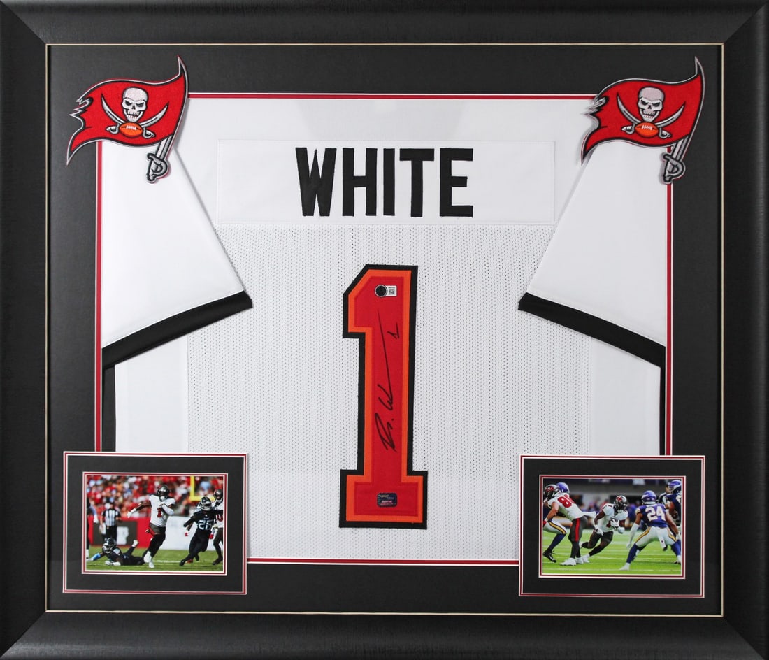 Rachaad White Signed Framed Jersey Tampa Bay Buccaneers BAS Witnessed 32 x 37: Rachaad White Signed Framed Jersey Tampa Bay Buccaneers BAS Witnessed 32 x 37 This Authentic Signed White Pro Style Framed Jersey features the signature of Rachaad White, player for the Tampa Bay Bucc
