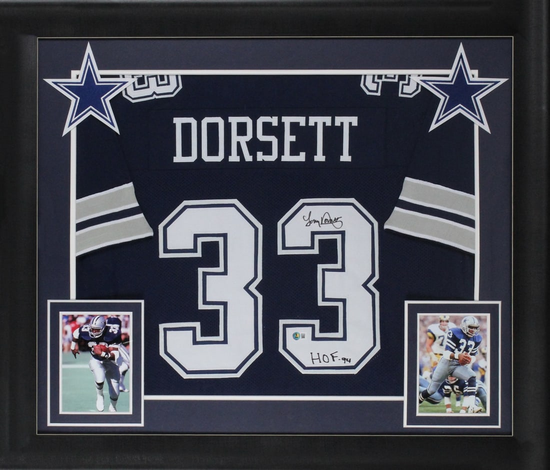 Tony Dorsett Signed Navy Pro Style Framed Jersey HOF 94 BAS Authenticated: Tony Dorsett Signed Navy Pro Style Framed Jersey HOF 94 BAS Authenticated Celebrate the legacy of Tony Dorsett with this authentic signed navy pro-style framed jersey. This unique piece of memorabilia