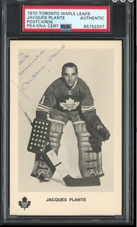 Jacques Plante Signed Toronto Maple Leafs Hockey Postcard PSA DNA Authenticated: Jacques Plante Signed Toronto Maple Leafs Hockey Postcard PSA DNA Authenticated This is an original Toronto Maple Leafs postcard signed by Jacques Plante, the legendary hockey player. The postcard is 
