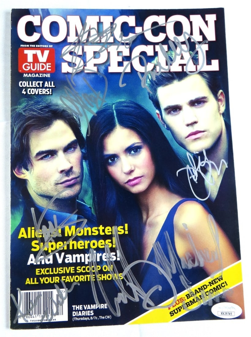 JSA Authenticated Vampire Diaries Cast Signed Magazine 10 Autos: JSA Authenticated Vampire Diaries Cast Signed Magazine 10 Autos This is a magazine autographed by key members of the Vampire Diaries cast and creative team. The signatures include Ian Somerhalder, Nin