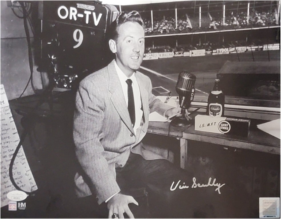 Vin Scully Autographed 11x14 Black and White Photo JSA Authenticated: Vin Scully Autographed 11x14 Black and White Photo JSA Authenticated This stunning 11x14 black and white photo captures the legendary Vin Scully, the iconic voice of the Los Angeles Dodgers. The photo
