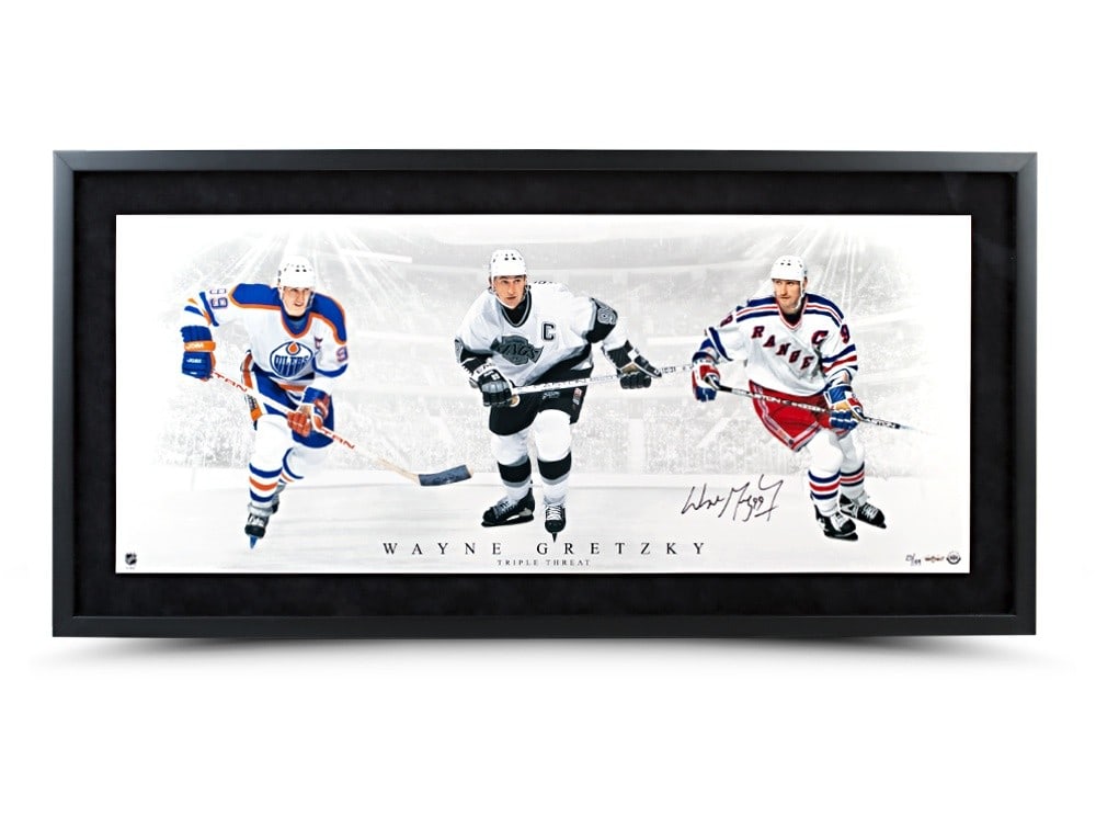 Wayne Gretzky Autographed Framed Photo Triple Threat random out of #/199 Upper Deck: Wayne Gretzky Autographed Framed Photo Triple Threat random out of #/199 Upper Deck Capture a piece of hockey history with this stunning 36X15 framed photo featuring Wayne Gretzky, renowned as one of 