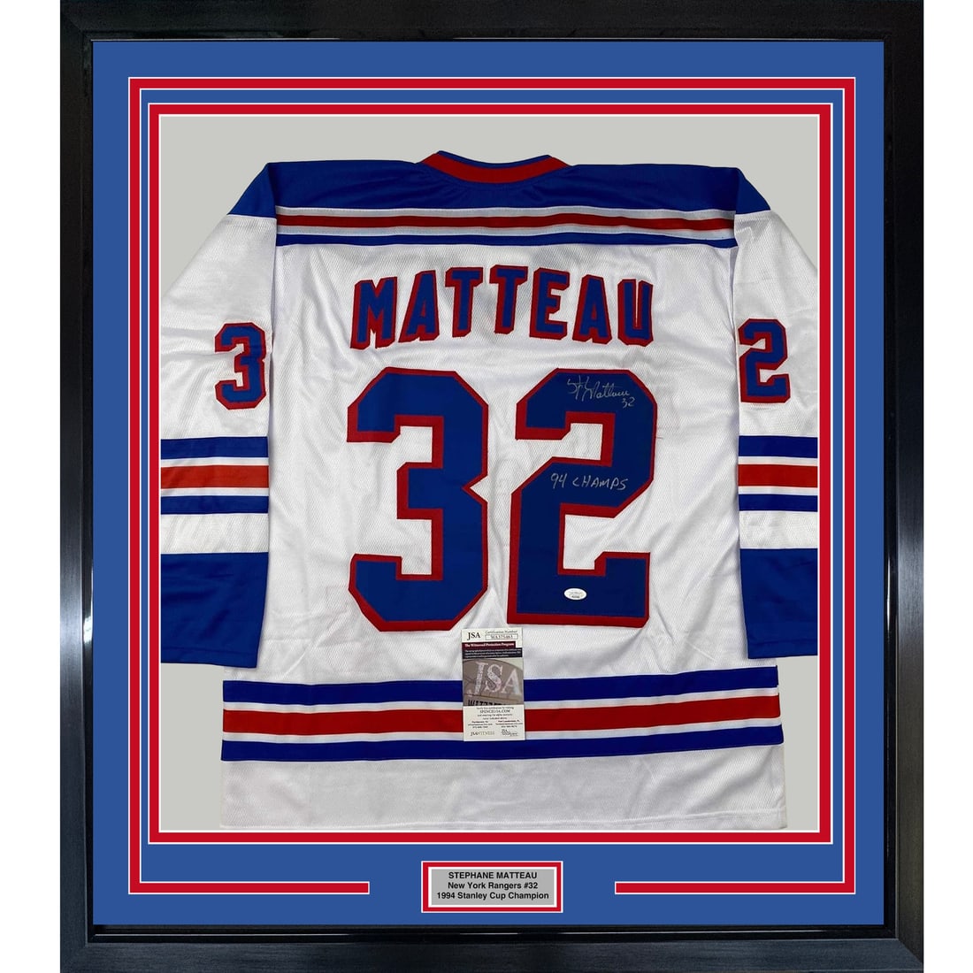 Framed Signed Stephane Matteau 94 Champs Jersey with JSA COA: Framed Signed Stephane Matteau 94 Champs Jersey with JSA COA Celebrate the legacy of NHL player Stephane Matteau with this professionally framed and autographed 1994 Championship white jersey. This st